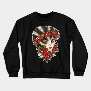 Lady Face with Roses Tattoo Design Crewneck Sweatshirt